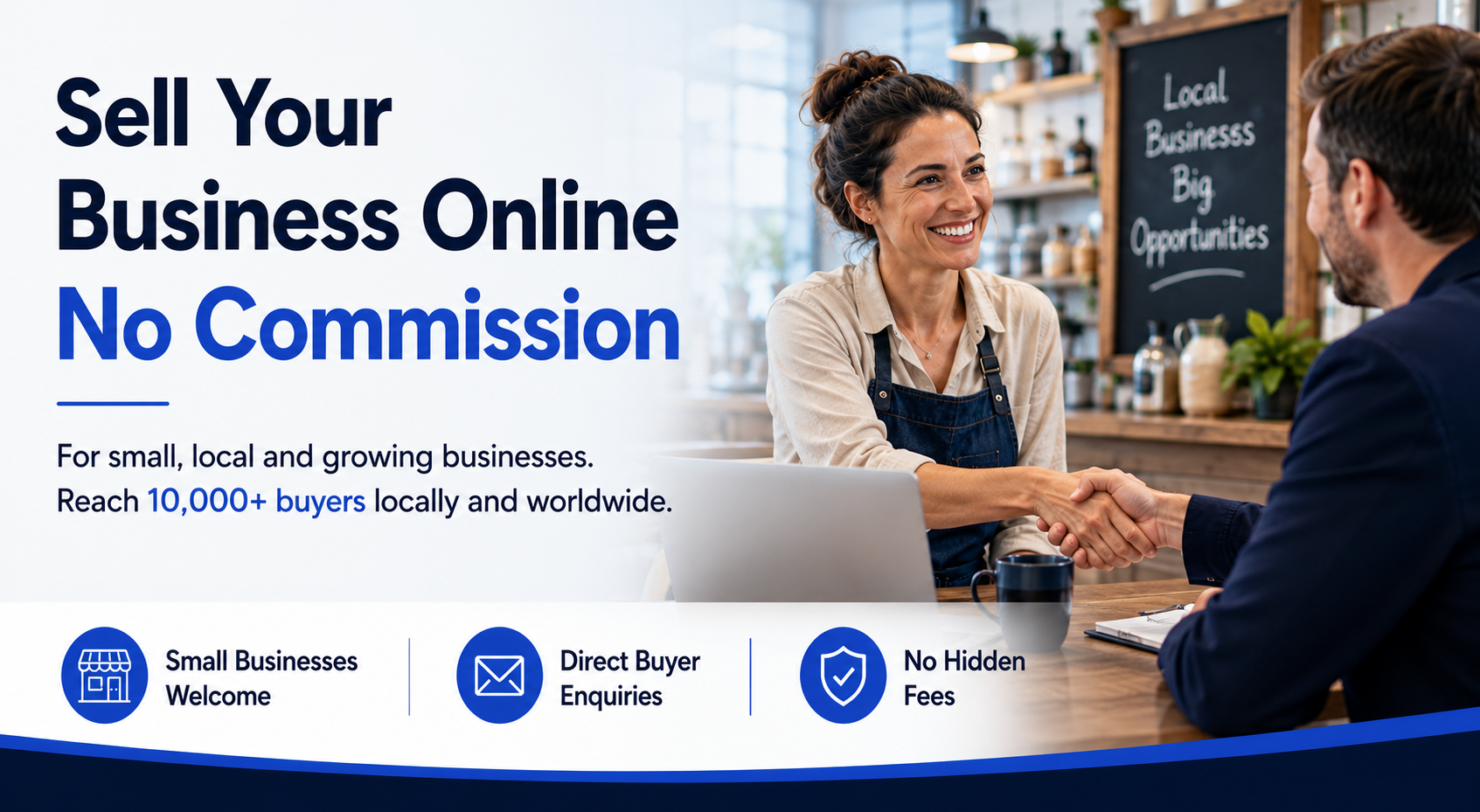 Two business professionals shaking hands in a modern office with text promoting selling a business online with no commission, global exposure, faster deals and no hidden fees.