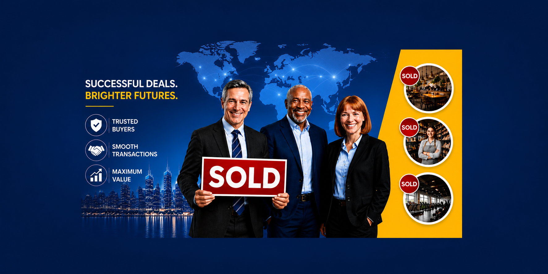 Sell business online banner featuring successful business sales, trusted buyers, smooth transactions, and global businesses for sale marketplace.