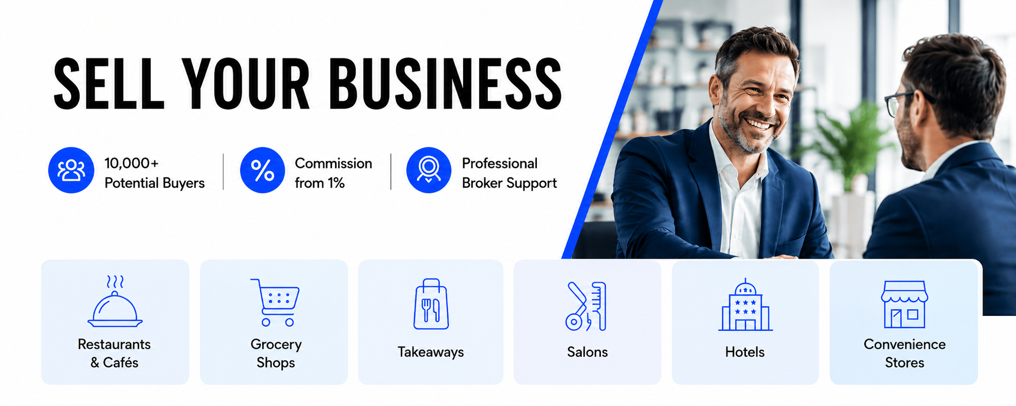 Sell my business online banner showing a small business owner connecting with potential buyers through World Businesses for Sale