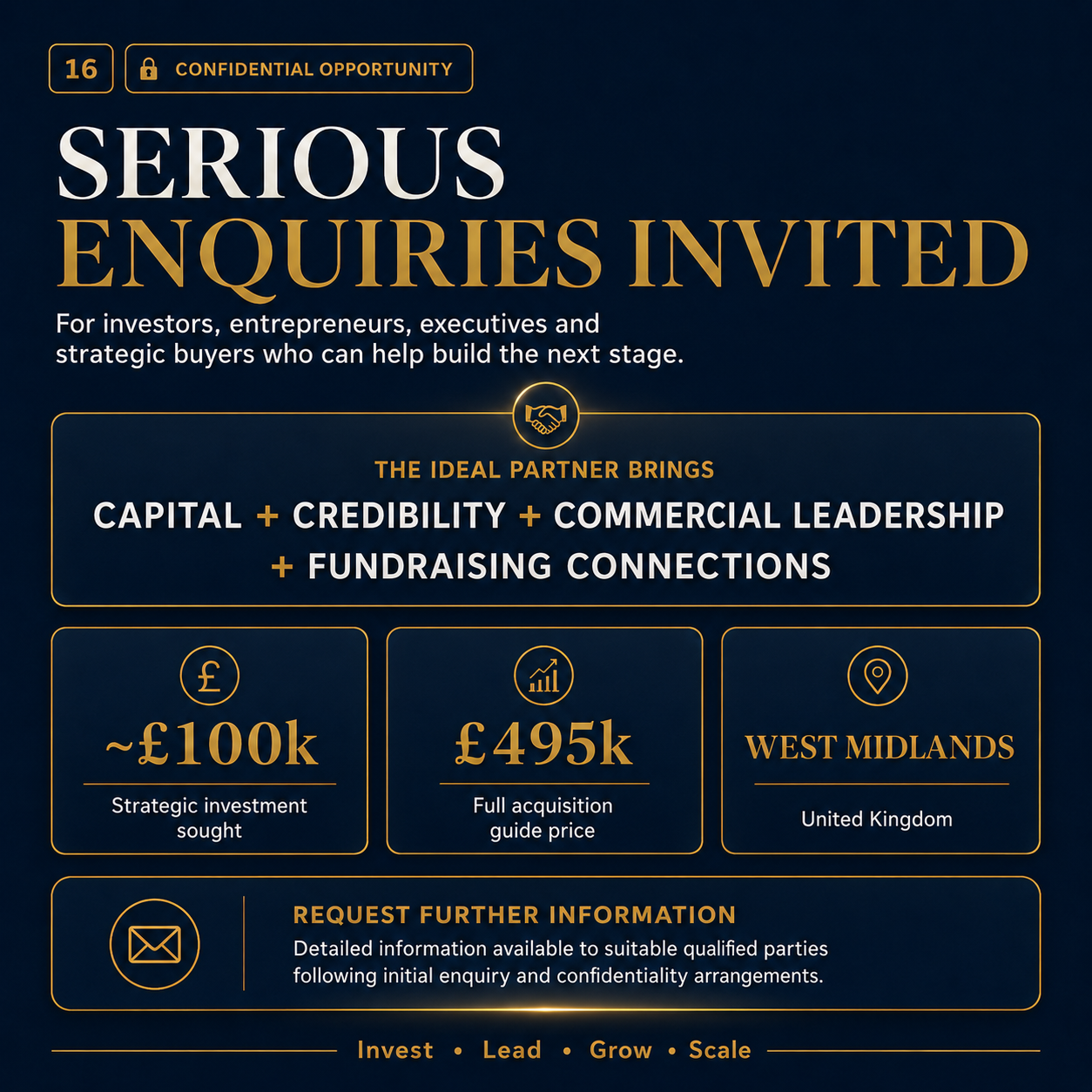Strategic investor and business buyer opportunity seeking £100,000 investment with £495,000 acquisition guide price