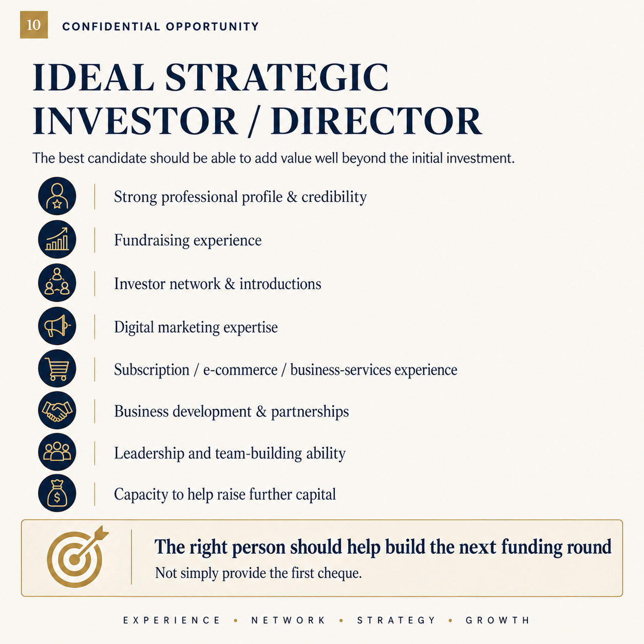 Ideal strategic investor and Managing Director profile with fundraising, marketing and business growth experience