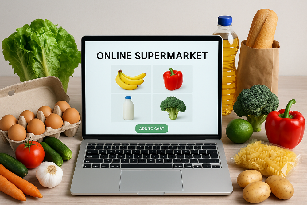 Laptop displaying 'Online Supermarket' with groceries on a table