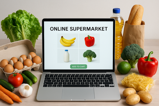 Laptop displaying 'Online Supermarket' with groceries on a table