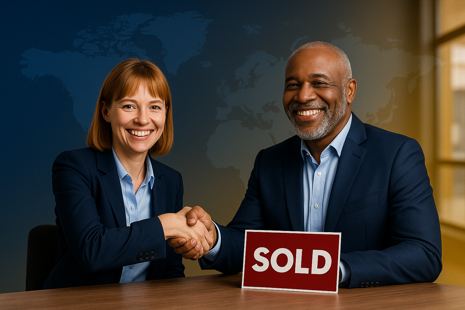 Confident business owners closing a deal across a table with a SOLD sign, representing how to sell a business globally on World Businesses for Sale.